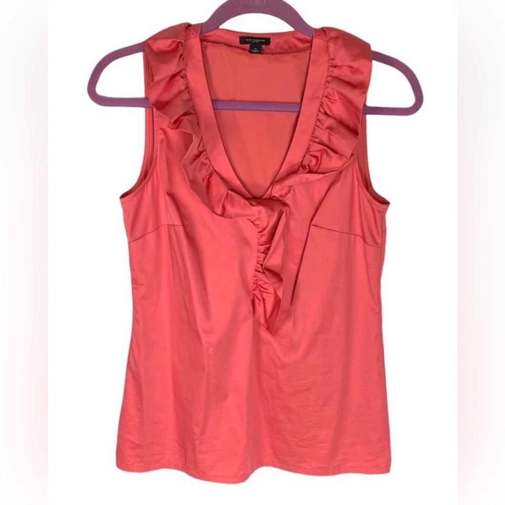 NWOT Ann Taylor Blouse Top Sleeveless Rich Red Merlot Ruffle Collar 14 Cotton